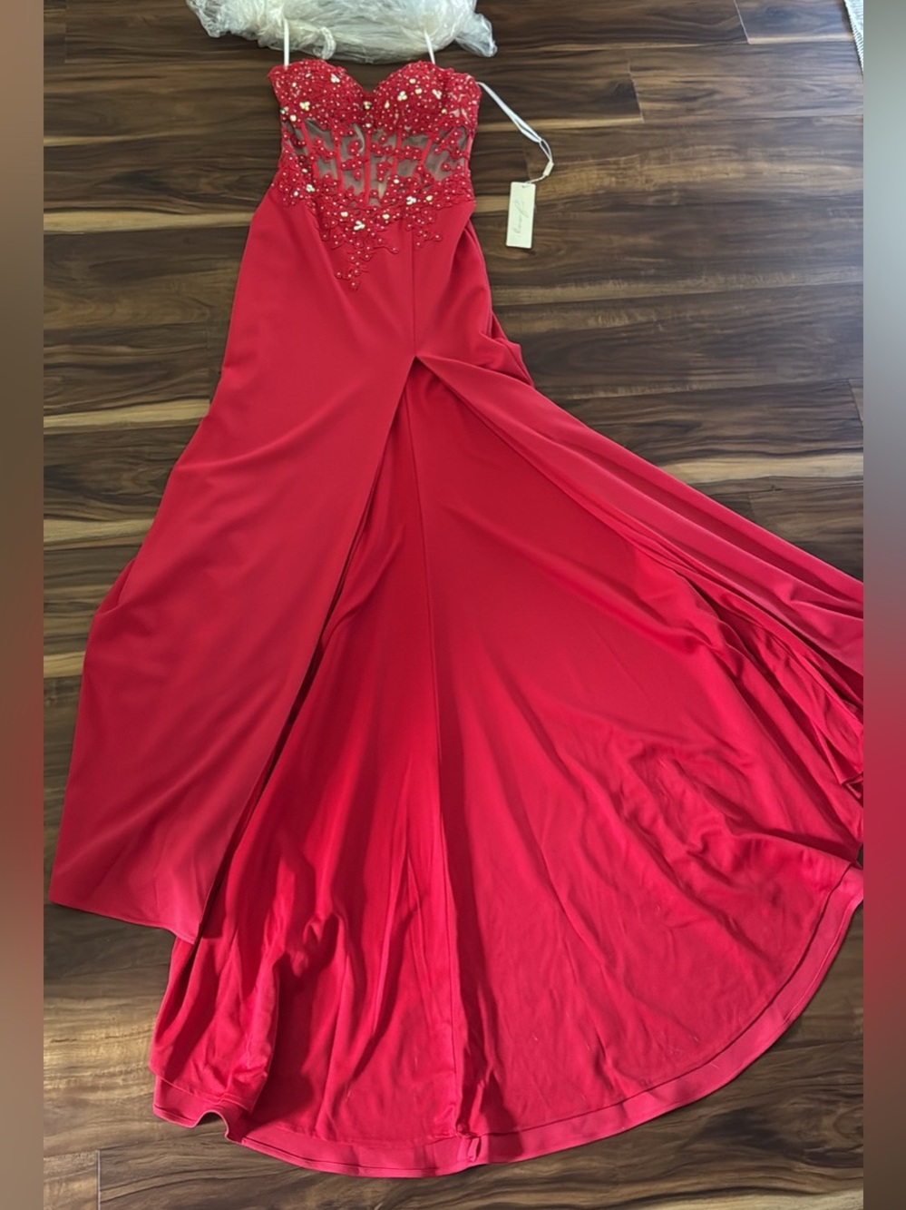Red Embellished Strapless Evening Gown